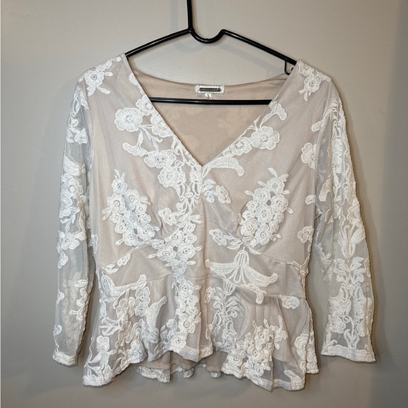 Amber Shu Babydoll Romantic Fairycore Lace Ruffle Blouse Size Large Embroidered - Picture 1 of 7
